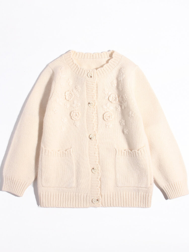 Embroidered Flower Girls Ivory Cashmere Cardigan with Pockets